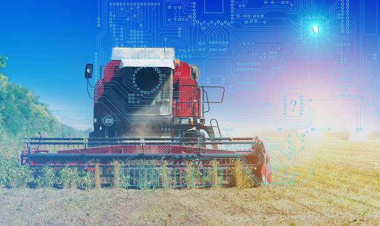 A graphic displaying a harvester with an overlay of data circuits. A visual representation of digital agriculture