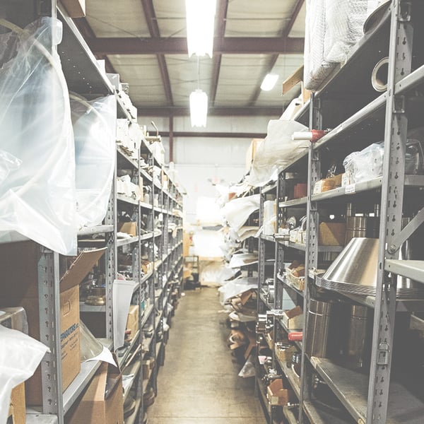 Separators warehouse shelving stocked with parts